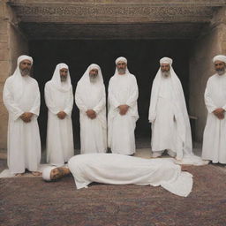 An honorable scene showing a deceased individual respectfully covered in a white shroud (kain kafan), according to cultural tradition