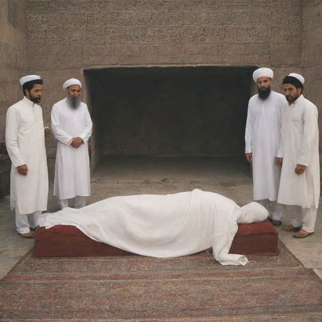 An honorable scene showing a deceased individual respectfully covered in a white shroud (kain kafan), according to cultural tradition