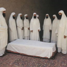 An honorable scene showing a deceased individual respectfully covered in a white shroud (kain kafan), according to cultural tradition