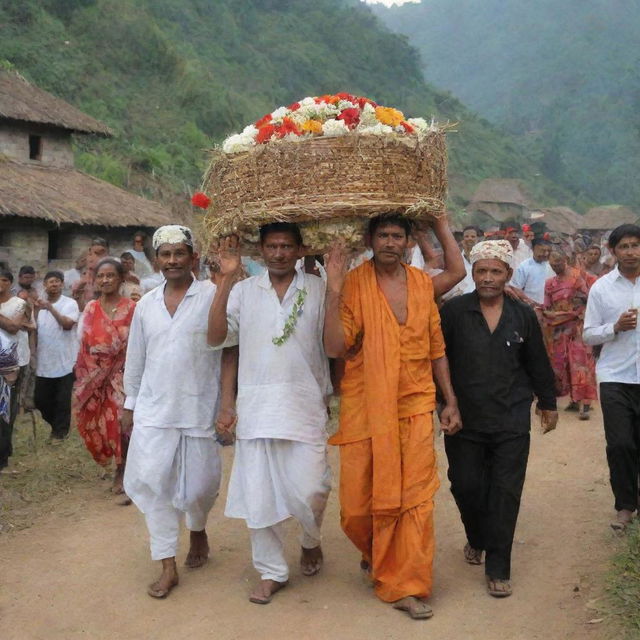 A respectful procession of villagers carrying the deceased on a bier (keranda), illustrating a traditional ceremonial farewell