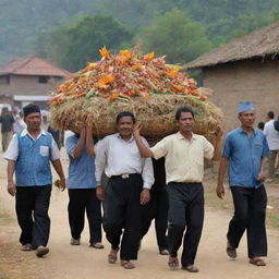 A respectful procession of villagers carrying the deceased on a bier (keranda), illustrating a traditional ceremonial farewell