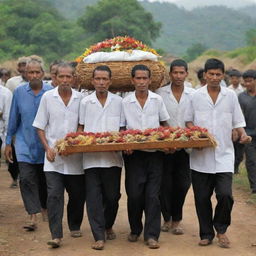 A respectful procession of villagers carrying the deceased on a bier (keranda), illustrating a traditional ceremonial farewell