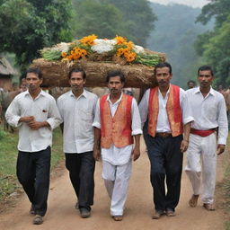 A respectful procession of villagers carrying the deceased on a bier (keranda), illustrating a traditional ceremonial farewell