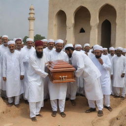 A peaceful and solemn scene portraying villagers gently lowering a coffin into a grave, located beside a mosque, signifying a heartfelt communal burial