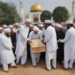 A peaceful and solemn scene portraying villagers gently lowering a coffin into a grave, located beside a mosque, signifying a heartfelt communal burial