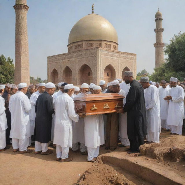 A peaceful and solemn scene portraying villagers gently lowering a coffin into a grave, located beside a mosque, signifying a heartfelt communal burial