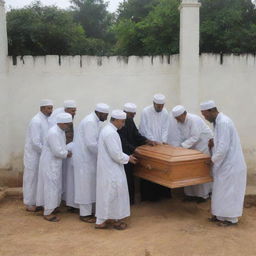 A peaceful and solemn scene portraying villagers gently lowering a coffin into a grave, located beside a mosque, signifying a heartfelt communal burial