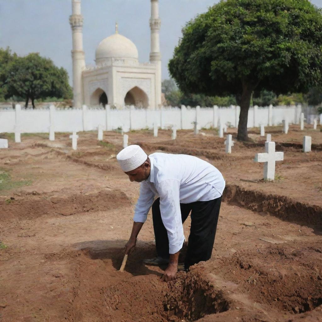 A somber image of a villager diligently digging a grave in the cemetery next to a mosque, preparing for a burial ceremony