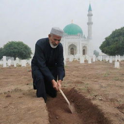 A somber image of a villager diligently digging a grave in the cemetery next to a mosque, preparing for a burial ceremony