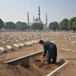 A somber image of a villager diligently digging a grave in the cemetery next to a mosque, preparing for a burial ceremony