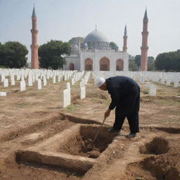 A somber image of a villager diligently digging a grave in the cemetery next to a mosque, preparing for a burial ceremony