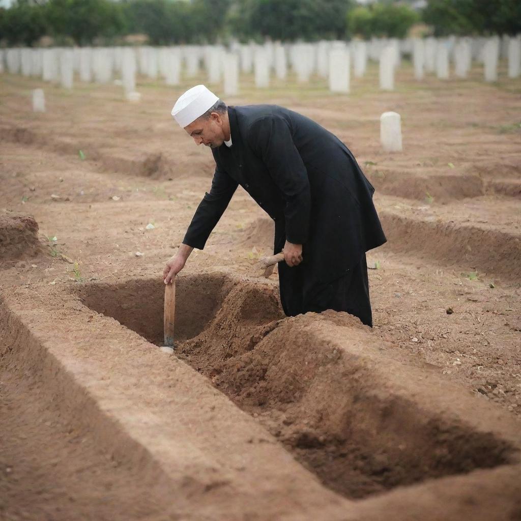 A solemn scene of a person digging a grave in an Islamic cemetery, demonstrating respect for the cultural and religious practices of burial