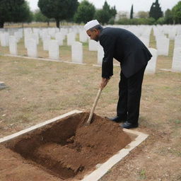 A solemn scene of a person digging a grave in an Islamic cemetery, demonstrating respect for the cultural and religious practices of burial