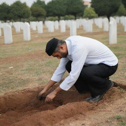 A solemn scene of a person digging a grave in an Islamic cemetery, demonstrating respect for the cultural and religious practices of burial