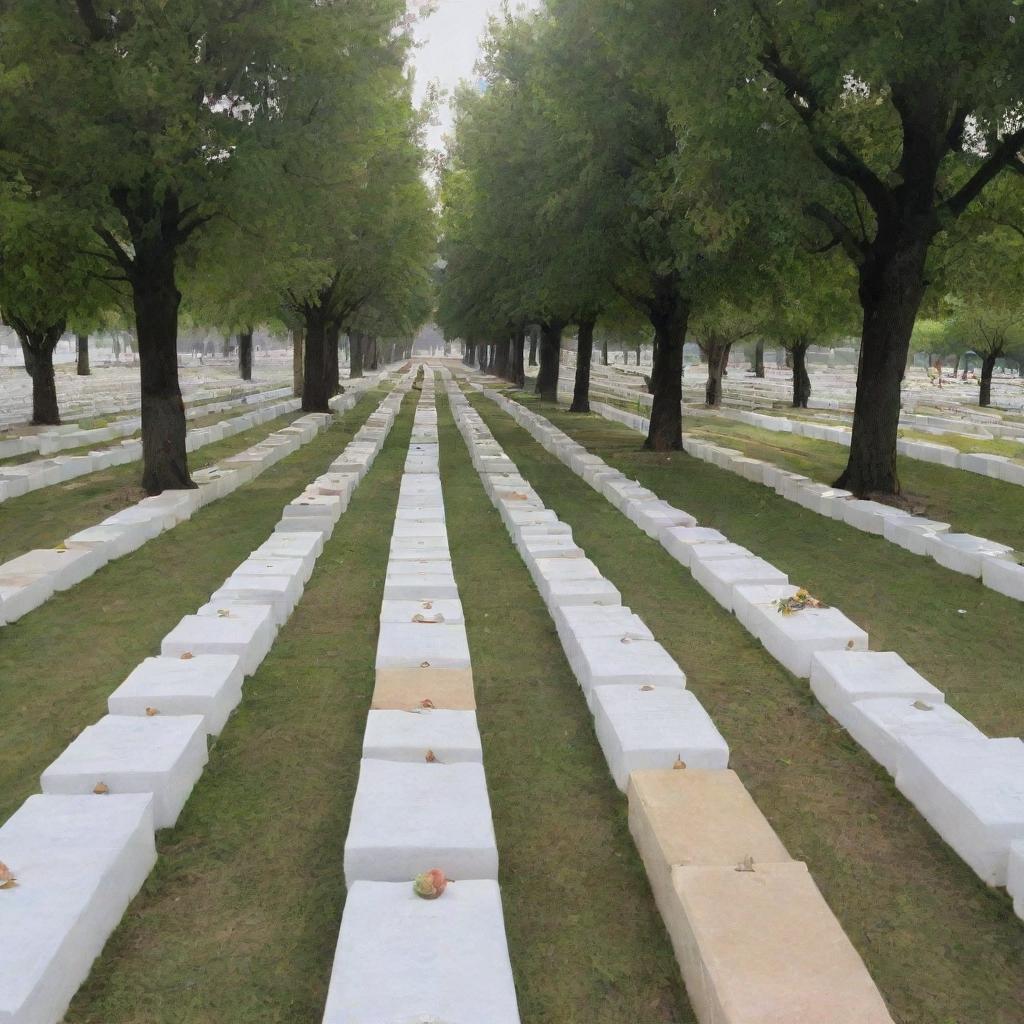 A serene picture of a respectful Islamic burial taking place, showcasing the body being peacefully laid to rest in the solemn ground of the cemetery