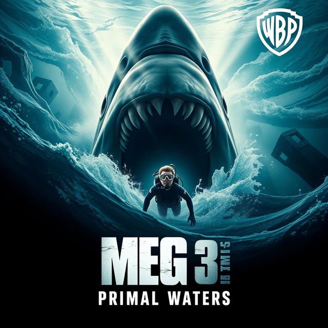 A thrilling teaser poster for 'MEG 3: PRIMAL WATERS' produced by Warner Bros