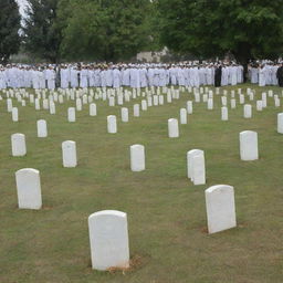 A serene picture of a respectful Islamic burial taking place, showcasing the body being peacefully laid to rest in the solemn ground of the cemetery