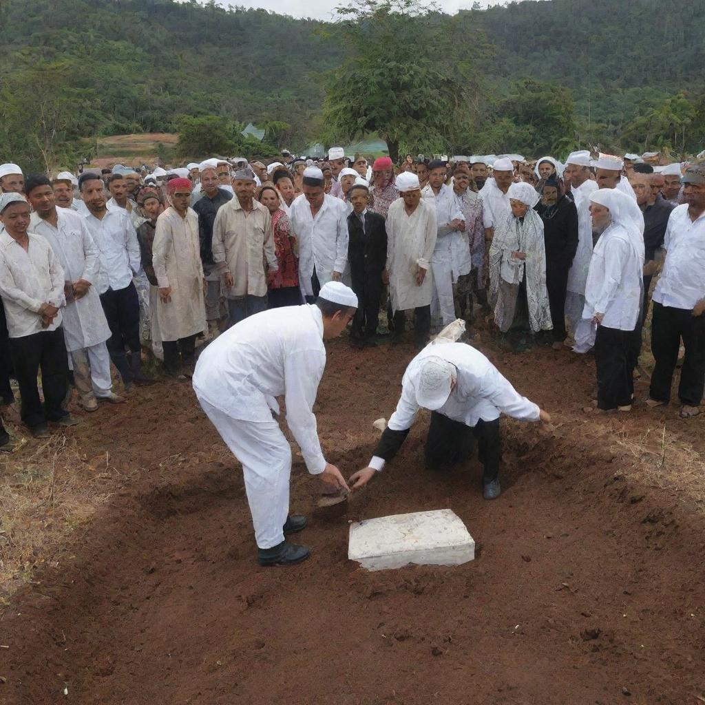 A poignant scene showing the Muslim villagers placing a traditional Indonesian gravestone atop the freshly covered burial site