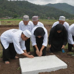 A poignant scene showing the Muslim villagers placing a traditional Indonesian gravestone atop the freshly covered burial site