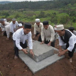 A poignant scene showing the Muslim villagers placing a traditional Indonesian gravestone atop the freshly covered burial site