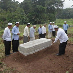 A poignant scene showing the Muslim villagers placing a traditional Indonesian gravestone atop the freshly covered burial site