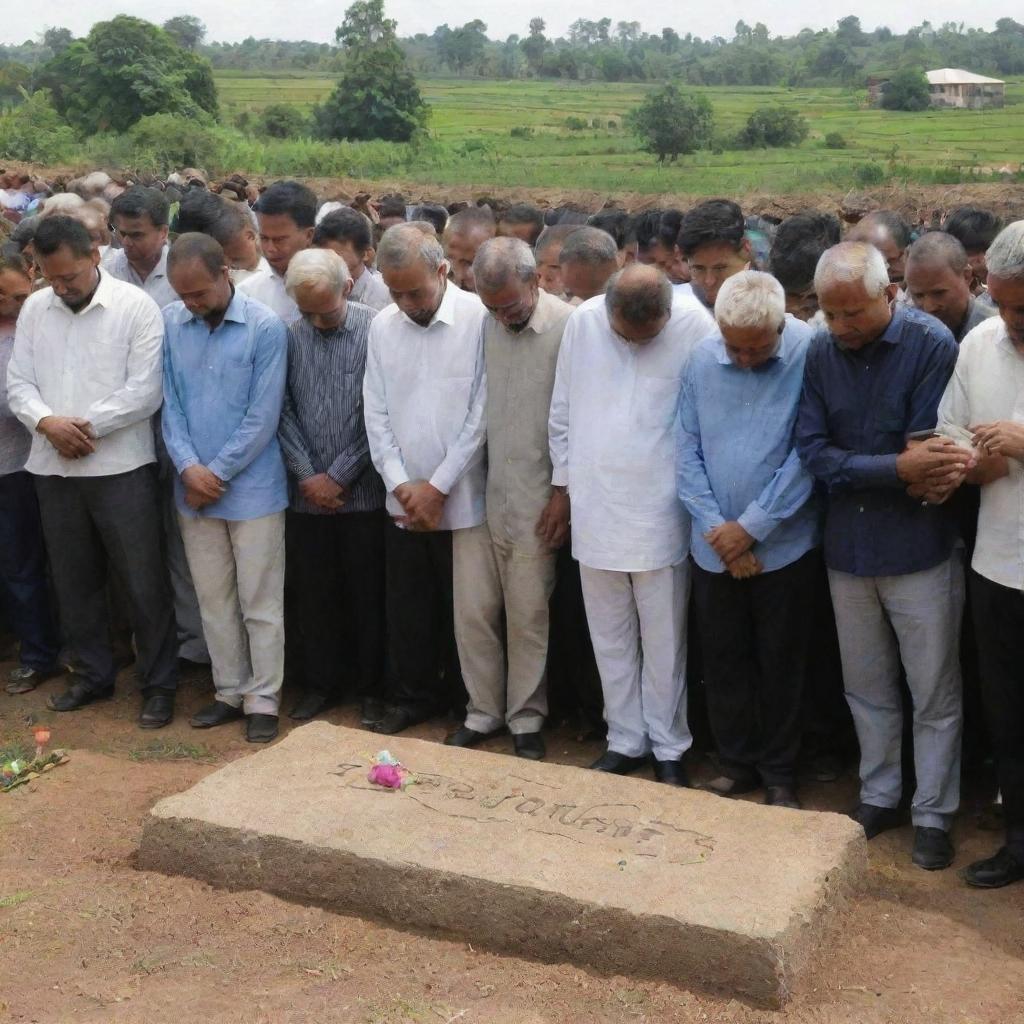 A touching image of a community of villagers gathered around a grave, their heads bowed in silent prayer, signifying shared loss and togetherness