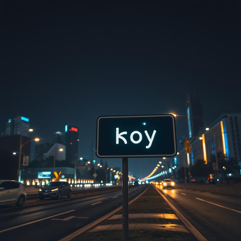 A nighttime city scene featuring a road sign prominently displaying the word 'Боу'