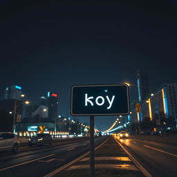 A nighttime city scene featuring a road sign prominently displaying the word 'Боу'