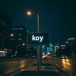 A nighttime city scene featuring a road sign prominently displaying the word 'Боу'