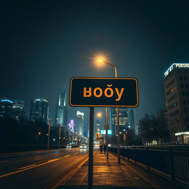 A nighttime city scene featuring a road sign prominently displaying the word 'Боу'