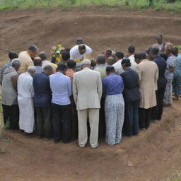 A touching image of a community of villagers gathered around a grave, their heads bowed in silent prayer, signifying shared loss and togetherness