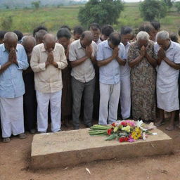 A touching image of a community of villagers gathered around a grave, their heads bowed in silent prayer, signifying shared loss and togetherness