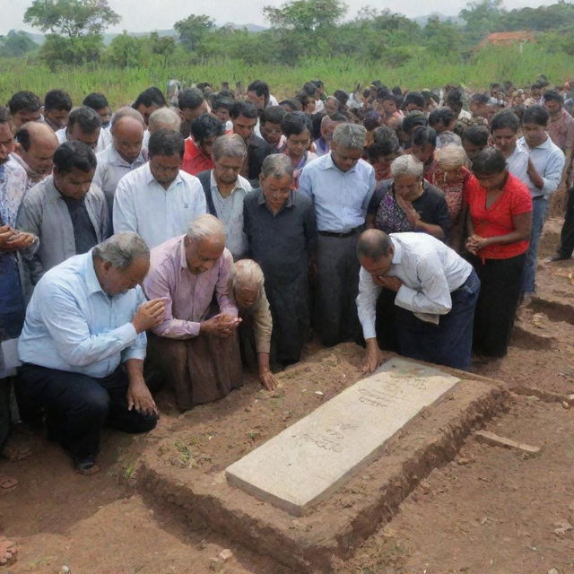 A touching image of a community of villagers gathered around a grave, their heads bowed in silent prayer, signifying shared loss and togetherness