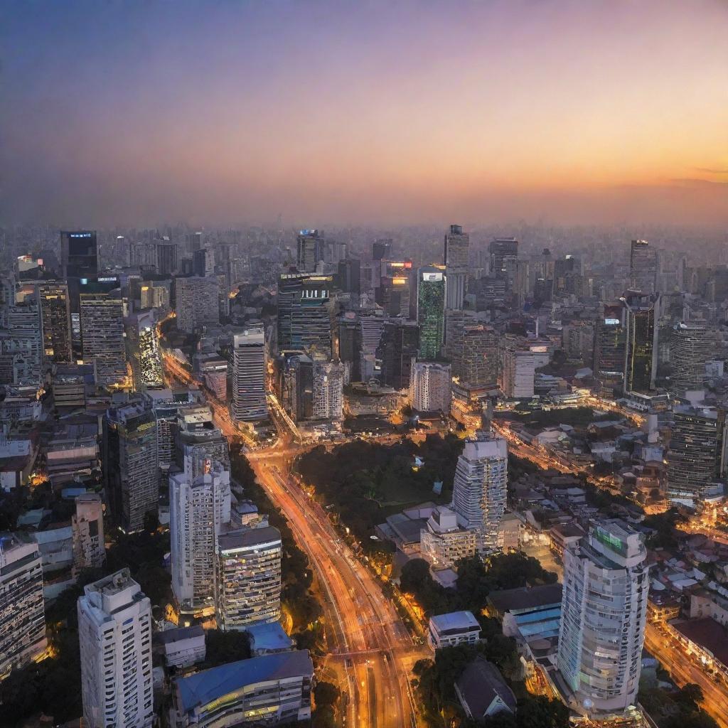 A panoramic view of Jakarta city at sunset, featuring its iconic buildings, bustling streets and vibrant nightlife.