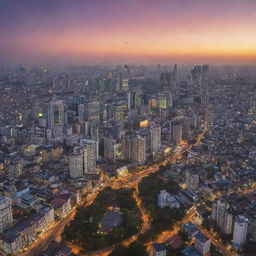 A panoramic view of Jakarta city at sunset, featuring its iconic buildings, bustling streets and vibrant nightlife.