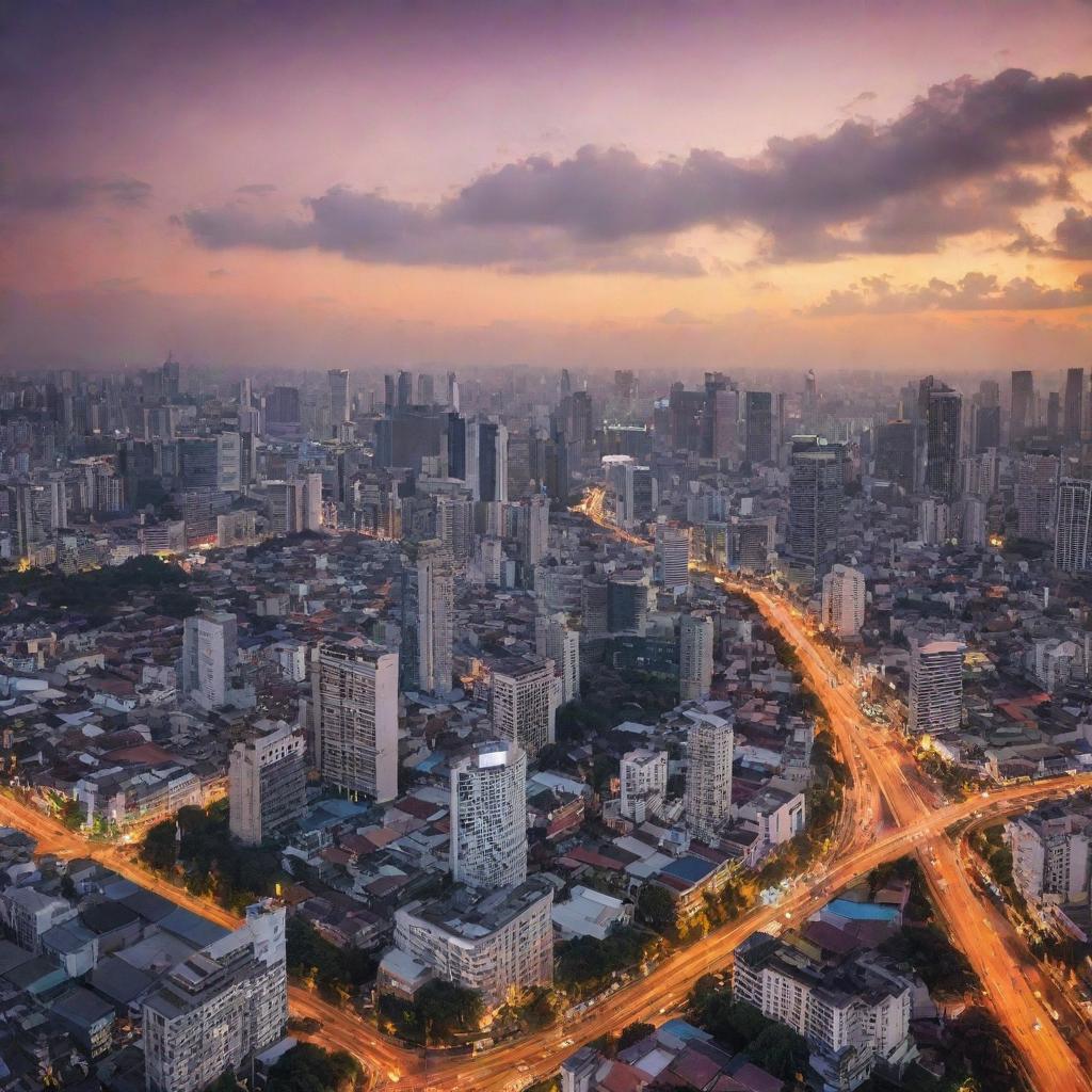 A panoramic view of Jakarta city at sunset, featuring its iconic buildings, bustling streets and vibrant nightlife.