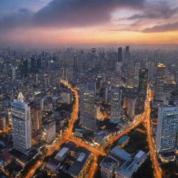 A panoramic view of Jakarta city at sunset, featuring its iconic buildings, bustling streets and vibrant nightlife.