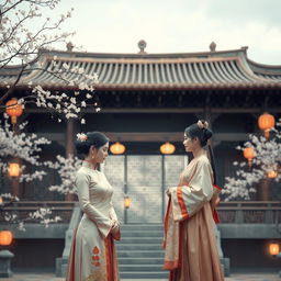 A serene scene depicting a traditional Chinese cold palace, showcasing elegant architecture with intricate wooden beams and ornate details