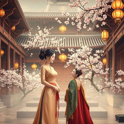 A serene scene depicting a traditional Chinese cold palace, showcasing elegant architecture with intricate wooden beams and ornate details