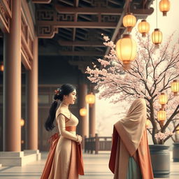 A serene scene depicting a traditional Chinese cold palace, showcasing elegant architecture with intricate wooden beams and ornate details