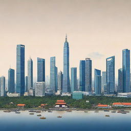 Create a stunning depiction of the capital city, Jakarta, Indonesia showcasing its skyline and iconic landmarks.