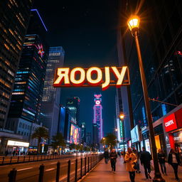 A vibrant nighttime city scene showcasing bright lights and a bustling atmosphere