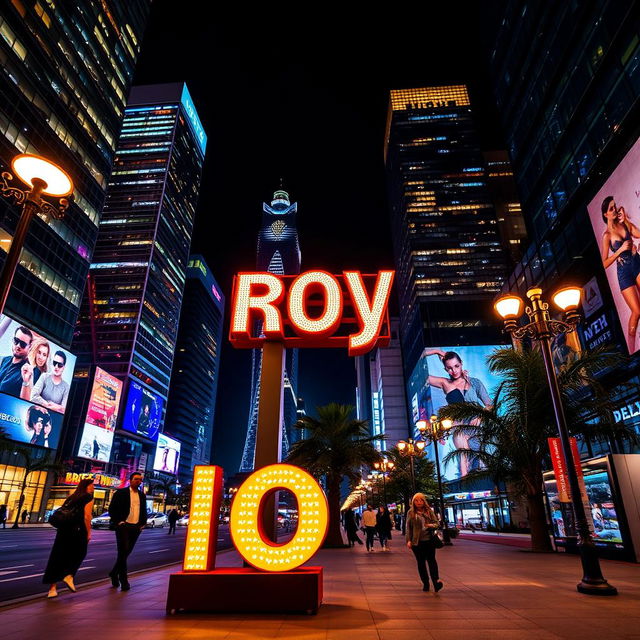 A vibrant nighttime city scene showcasing bright lights and a bustling atmosphere