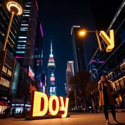 A vibrant nighttime city scene showcasing bright lights and a bustling atmosphere