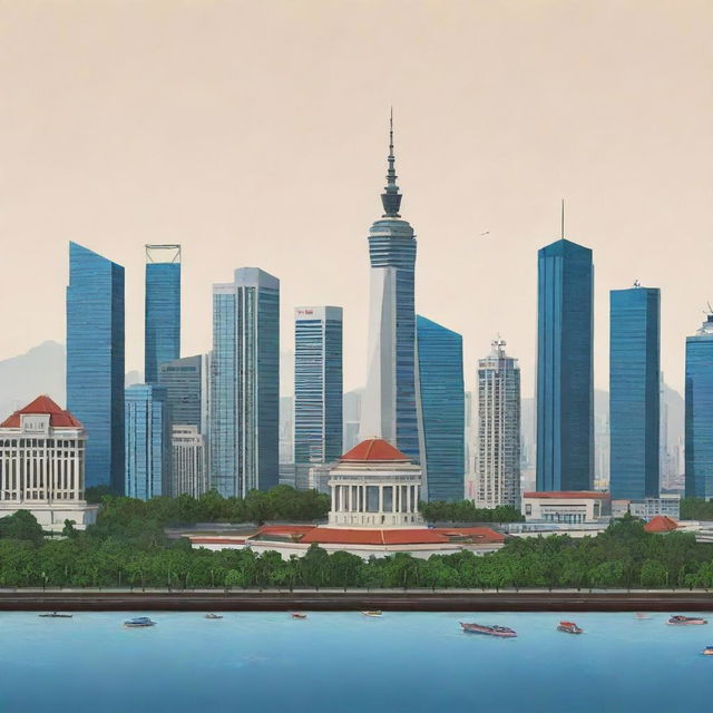 Create a stunning depiction of the capital city, Jakarta, Indonesia showcasing its skyline and iconic landmarks.