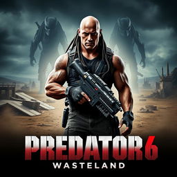 An intense movie teaser poster for 'PREDATOR 6: Wasteland' featuring Dwayne Johnson as a rugged, battle-ready soldier