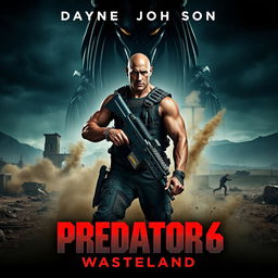 An intense movie teaser poster for 'PREDATOR 6: Wasteland' featuring Dwayne Johnson as a rugged, battle-ready soldier