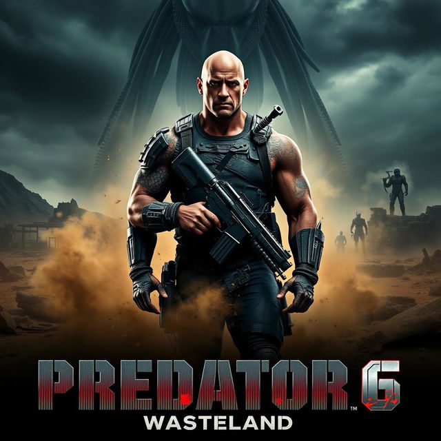 An intense movie teaser poster for 'PREDATOR 6: Wasteland' featuring Dwayne Johnson as a rugged, battle-ready soldier