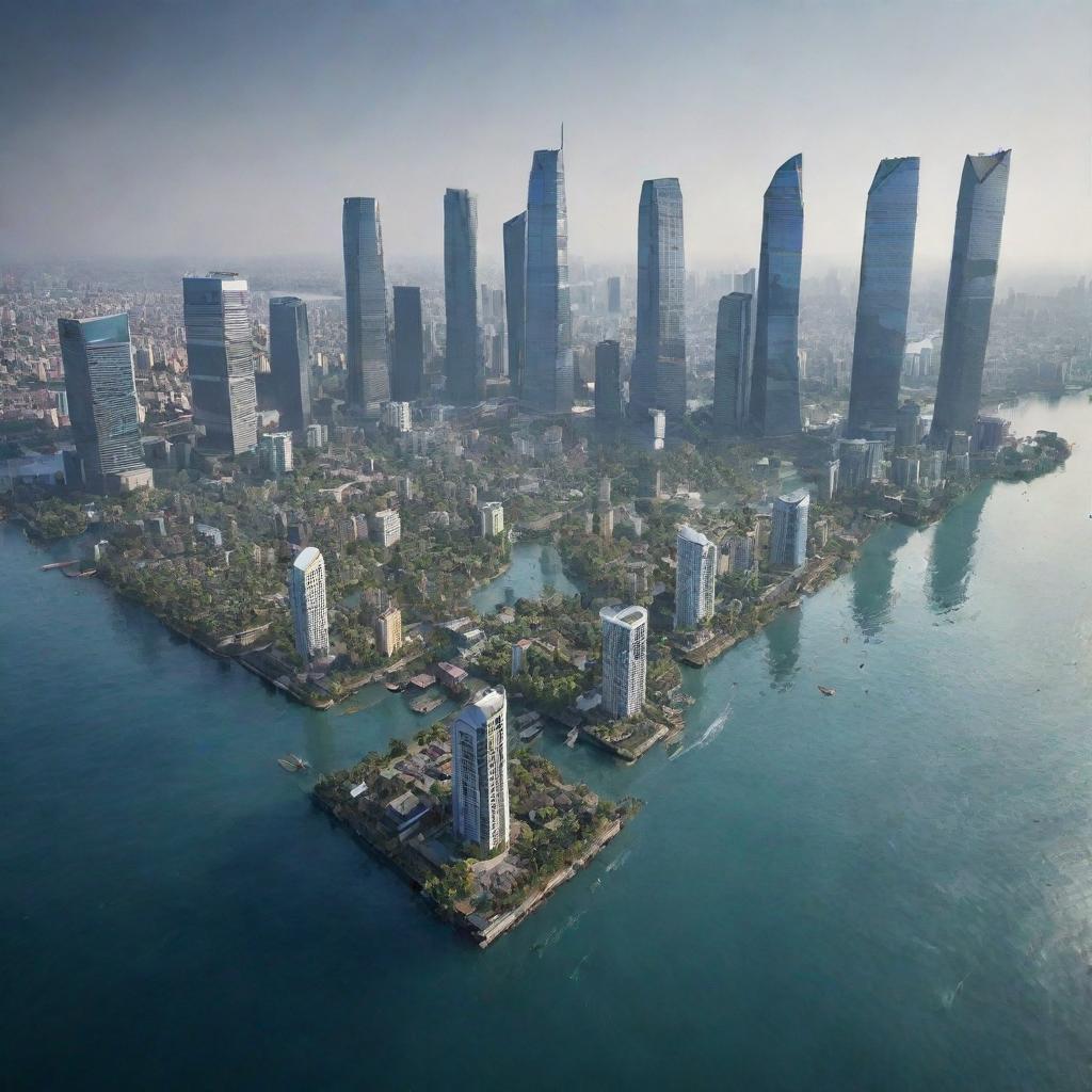 Imagine Jakarta, Indonesia, immersed underwater in the year 2025, transformed into a sunken city with skyscrapers peeking out from the vast water body