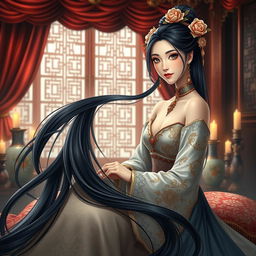 A beautifully detailed depiction of a Chinese cold palace, showcasing a concubine in elegant, intricate traditional attire